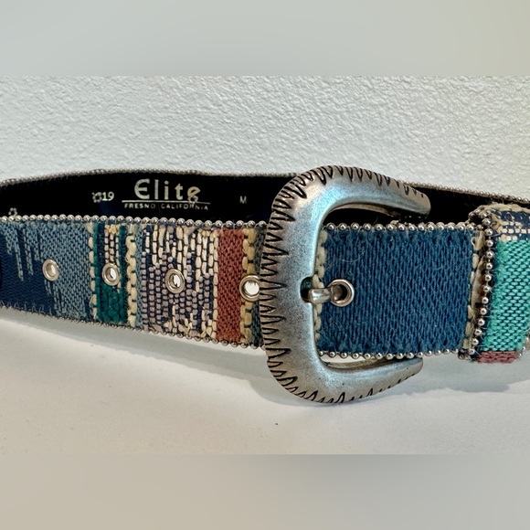 Vintage 90s Elite Fresno Western Patchwork Belt Silver Studded Concho Cowgirl M - Picture 3 of 5